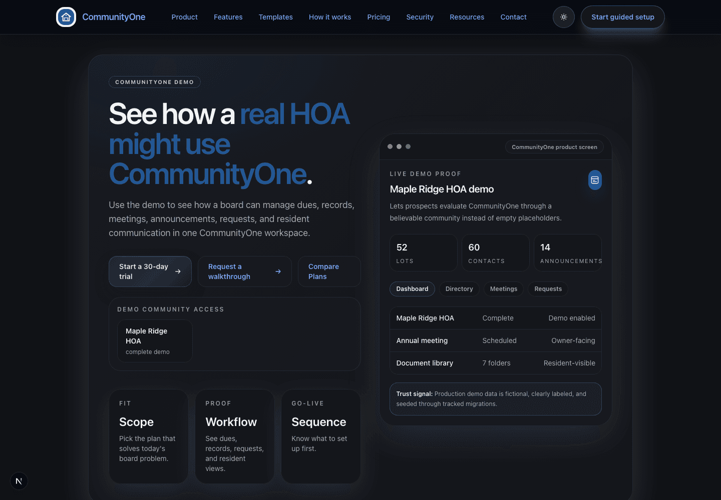 CommunityOne demo page showing the Maple Ridge HOA demo community experience.