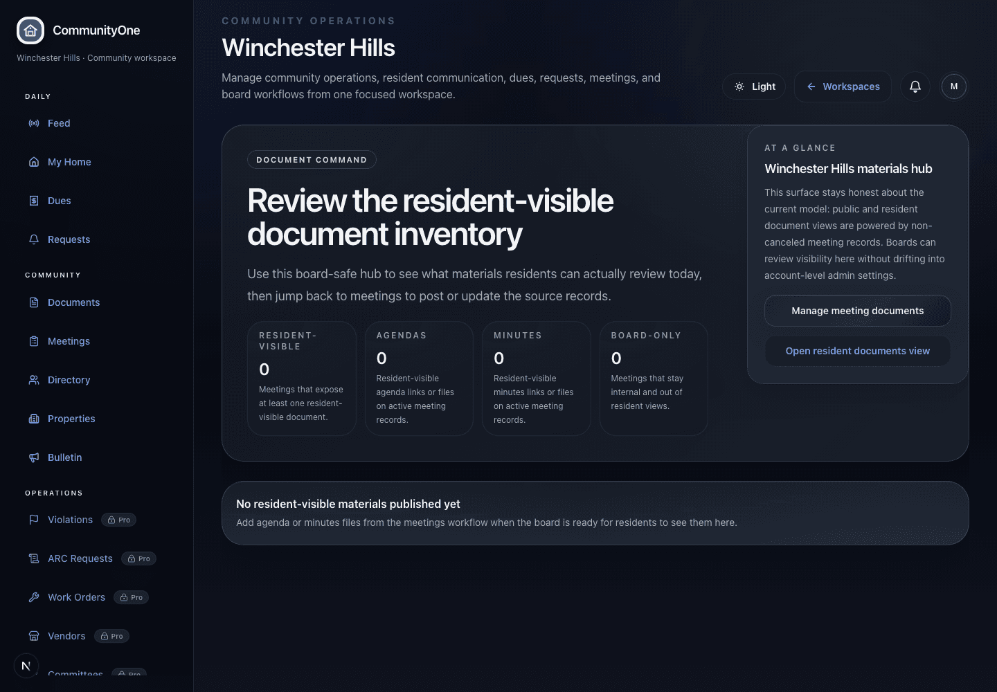 CommunityOne documents screen showing governing document and meeting material organization.