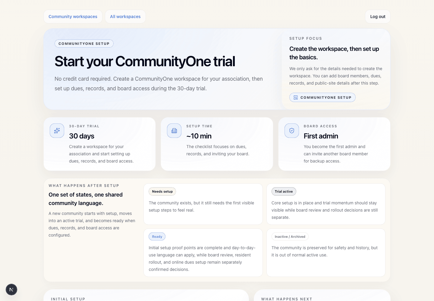 CommunityOne trial onboarding screen showing the setup experience and progress-oriented community creation flow.