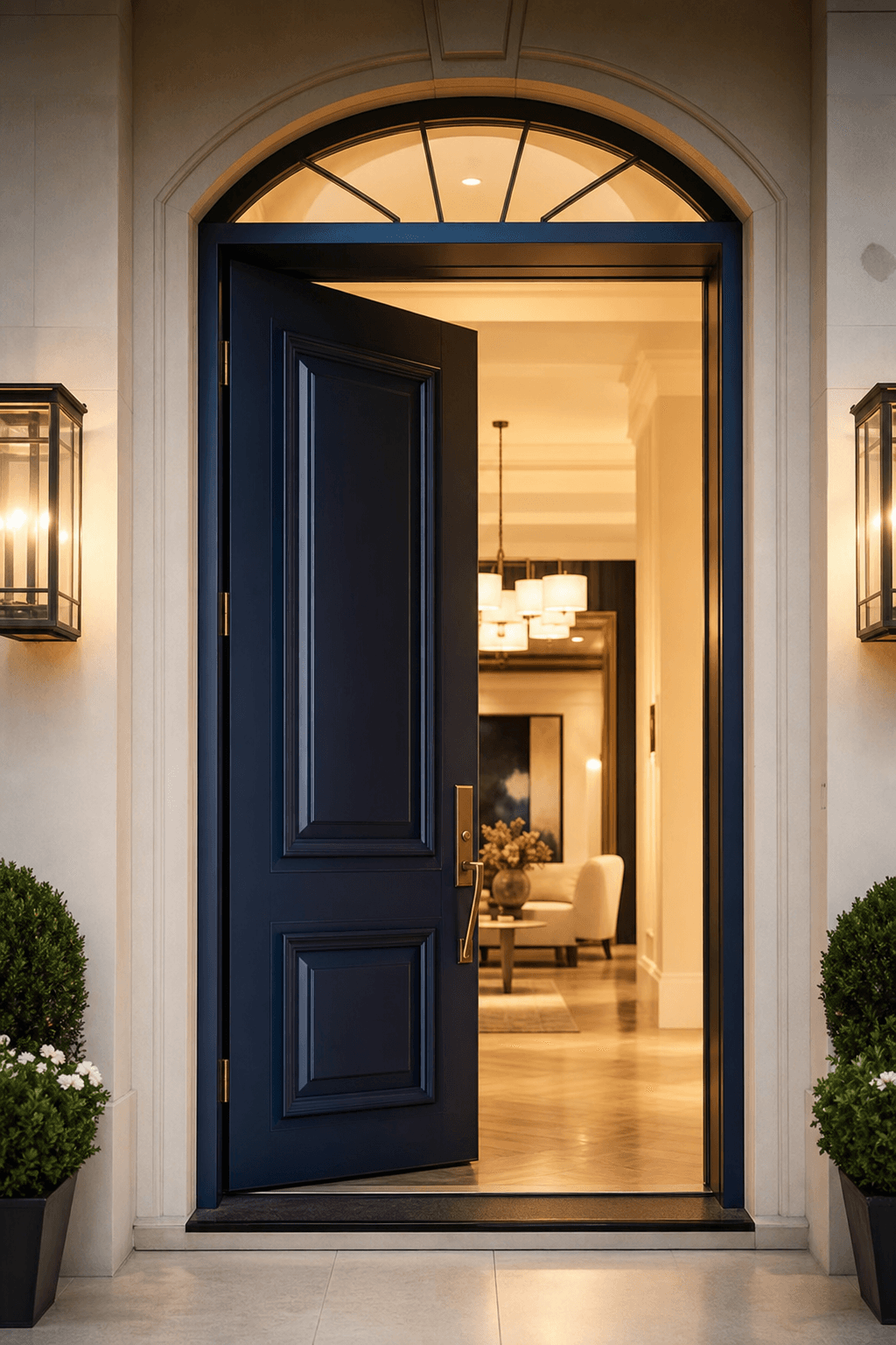 A warm front door opened two-thirds, inviting buyers into an open house.