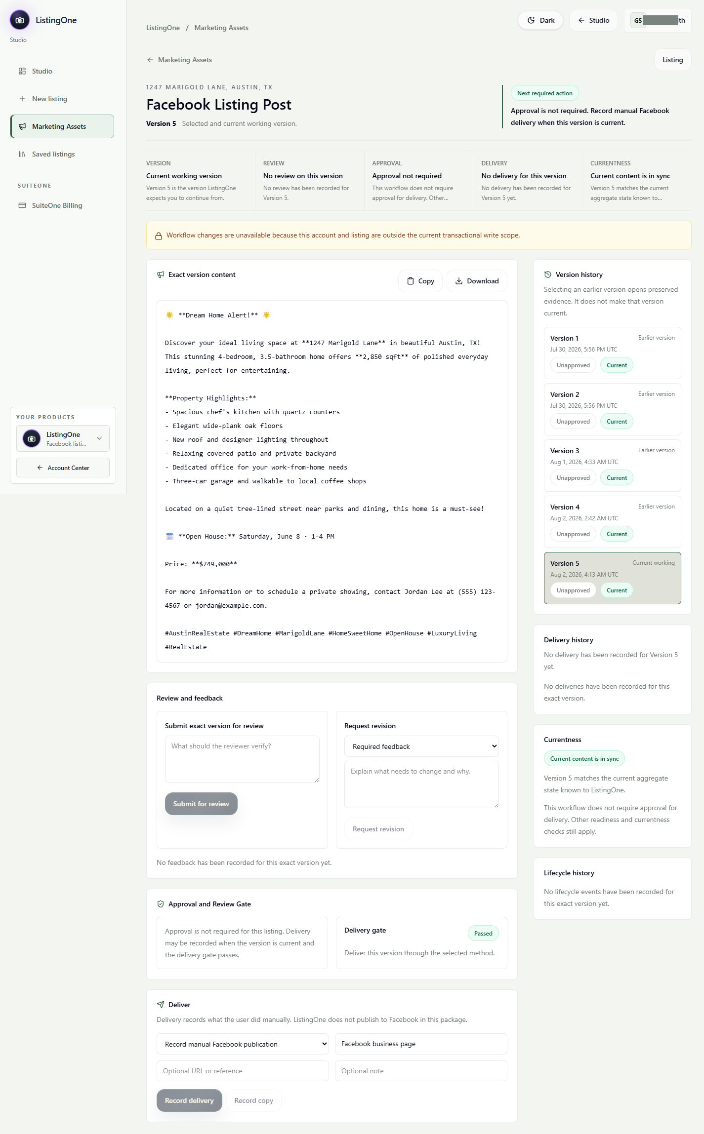 ListingOne Facebook Listing Post workspace with review and manual delivery controls.